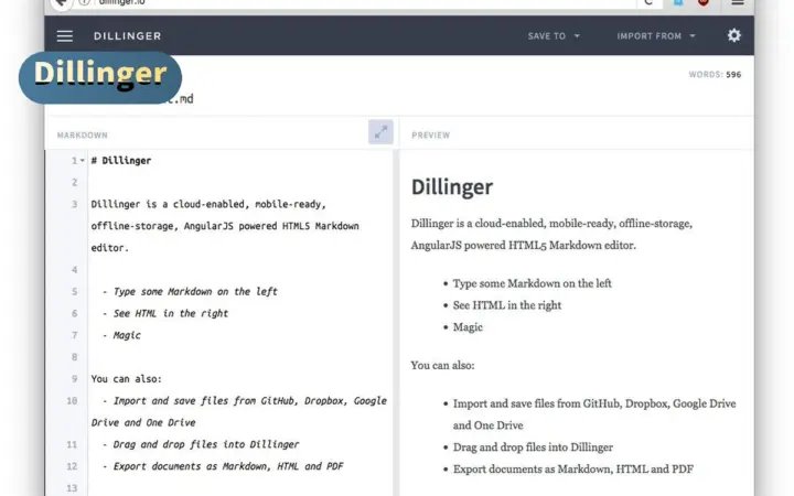 Dillinger 在线 Markdown 编辑器：左写右预览，可连网盘免登录