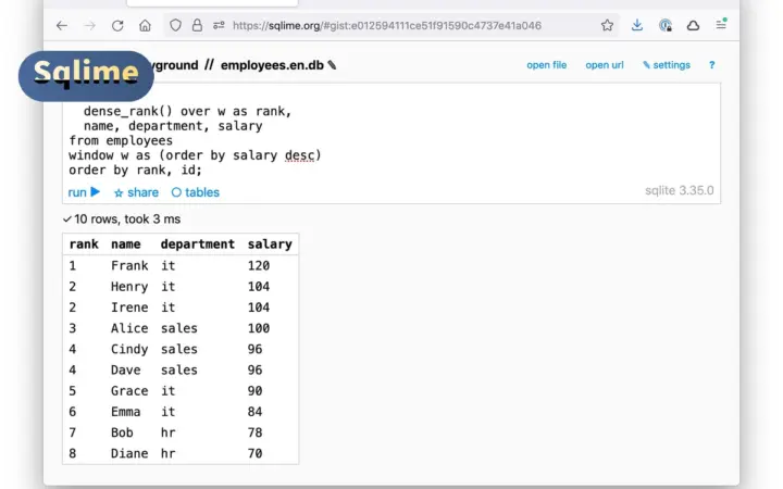 Sqlime：极简的浏览器 SQLite 演练场，写 SQL、存链接、随手分享