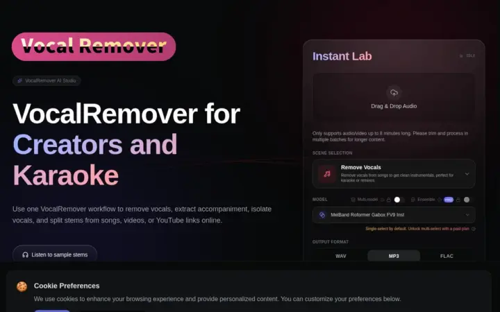 Vocal Remover 在线人声分离：网页提取伴奏消人声，官方免费
